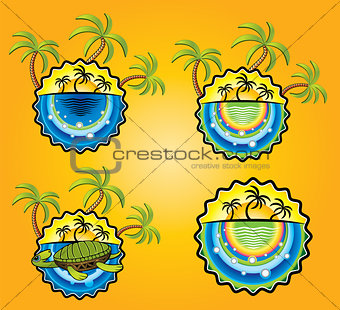 holiday sticker with sun beach and palms vector illustration