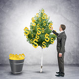 Businessman collecting dollar signs from tree