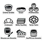 French dessert, pastry and cakes icons - creme brulee, chocolate mousse, souffle