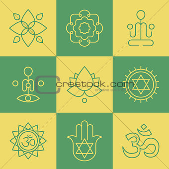 Vector yoga icons and line badges, graphic design elements