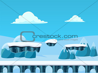 Winted Seamless Background with Bridge for Platform Games. Vector Illustration