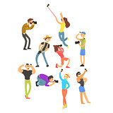 People Posing while Photographer Taking Photos. Vector Illustration Set
