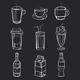 Set of different hand drawn beverages on the blackboard. Vector illustration.