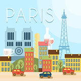 Welcome to France. Attractions of Paris, the Eiffel Tower landscape, balloon. Vector flat