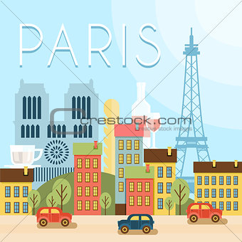 Welcome to France. Attractions of Paris, the Eiffel Tower landscape, balloon. Vector flat