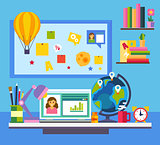 Online education e-learning science concept with book computer and studying icons vector
