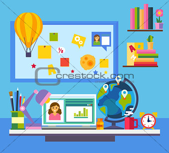 Online education e-learning science concept with book computer and studying icons vector