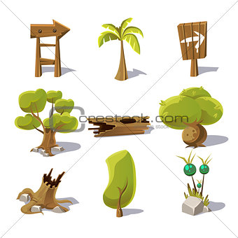 Cartoon nature elements, vector objects on white background