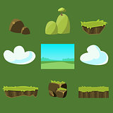 Cartoon nature landscape, vector unending background with ground, hills, river and sky layers.