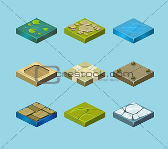 Set of ground surfaces. Grass, rocks and water. Landscape web design. Vector