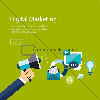 Digital marketing flat. Hand with speaker and icons