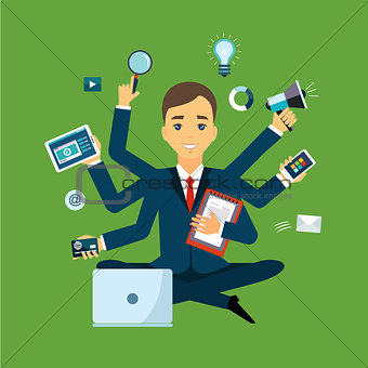 Businessman with multitasking and multi skill. Keep calm. Business concept. Flat style