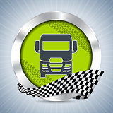 Truck badge with tire tracks and race flag ribbon