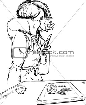 Outline of woman wiping tears while chopping onions
