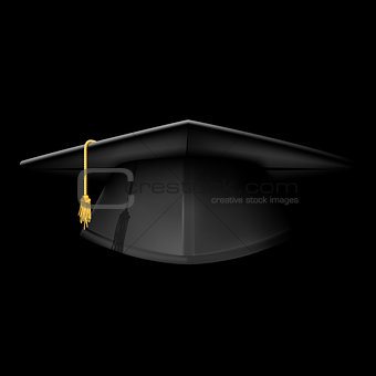 Black graduation cap - mortarboard hat on black background