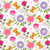 Springtime Colorful Flower and Butterfly Seamless Pattern