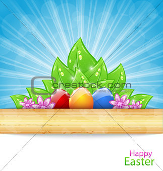 Easter Background with Eggs, Leaves, Flowers