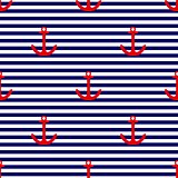 Tile sailor vector pattern with red anchor on navy blue and white stripes background