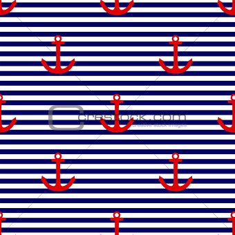 Tile sailor vector pattern with red anchor on navy blue and white stripes background