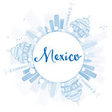 Outline Mexico skyline with blue landmarks and copy space.