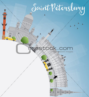 Saint Petersburg skyline with gray landmarks and copy space.