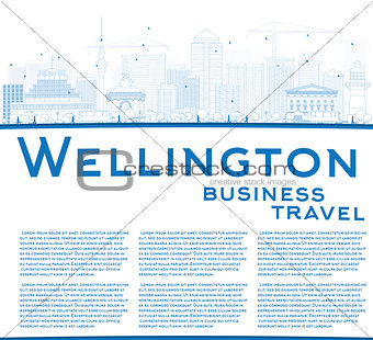 Outline Wellington skyline with blue buildings and copy space.