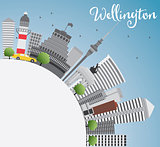 Wellington skyline with grey buildings, blue sky and copy space.