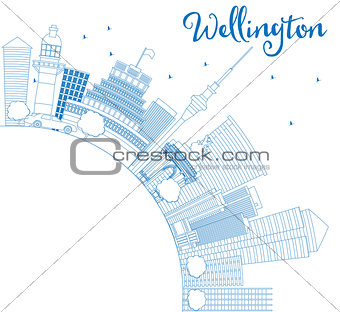 Outline Wellington skyline with blue buildings and copy space.
