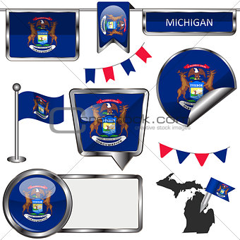 Glossy icons with flag of state Michigan