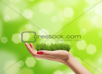 Young woman hand with fresh green grass on it. Bright bokeh background. Concern for the environment concept