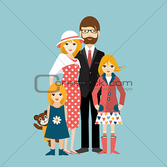 Family with two little daughter. Man and woman in love, relationship. Flat vector.