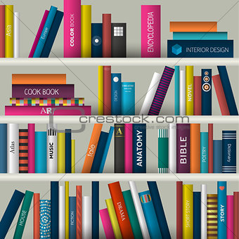 Book shelf. Realistic vector illustration. Bookstore indoor.