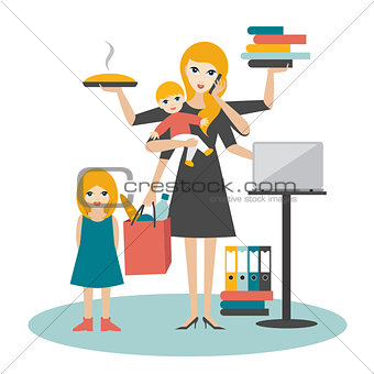 Multitask woman. Mother, businesswoman with baby, older child, working, coocking and calling.