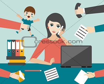 Busy multitasking woman clerk in office. Flat vector. 
