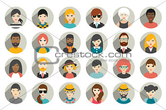 Set of circle persons, avatars, people heads  different nationality in flat style. Vector.