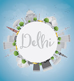 Delhi skyline with gray landmarks, blue sky and copy space. 