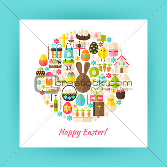 Flat Style Circle Vector Set of Happy Easter Objects over white 