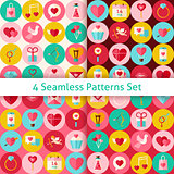 Four Vector Flat Happy Valentine Day Seamless Patterns Set with 
