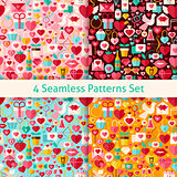 Four Vector Flat Valentine Day Seamless Patterns Set