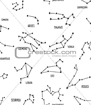 Full zodiac constellation signs seamless pattern made of stars and lines