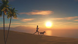 3D female jogging on beach at sunset with her dog