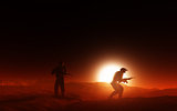 3D soldiers in desert at sunset
