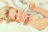 Instagram Style Beautiful Woman Girl in Pearls and Fur