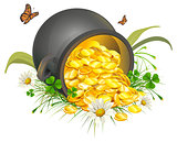 Overturned pot of gold coins. Cauldron of gold