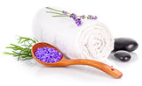 Spa still life with white towel and lavender salt