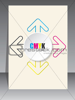 Cmyk brochure with color arrow lines and white 3d circle