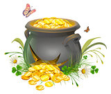 Pot with gold split. Cracked pot of treasure. Cauldron of gold on grass