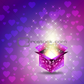 Gift box. Valentines Day. Heart, glow, stars