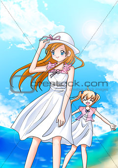 Cartoon illustration of two girls at the beach