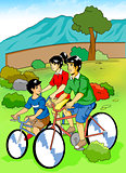 Cartoon illustration of a family cycling in the park